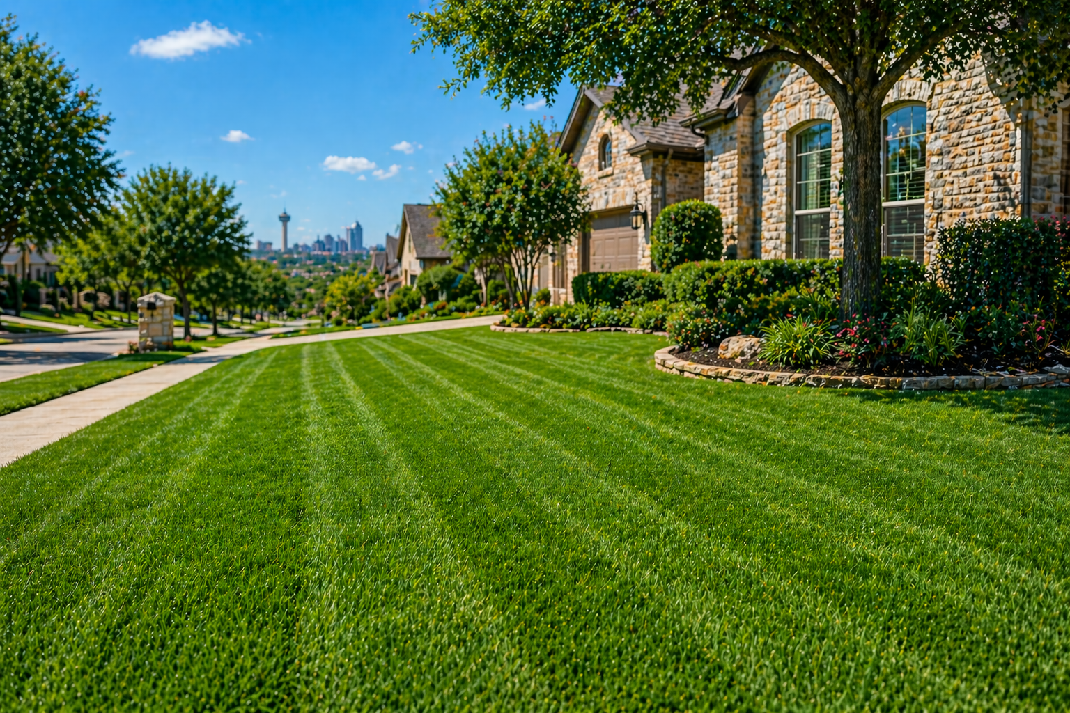 Freshly cut striped lawn in a Texas neighborhood